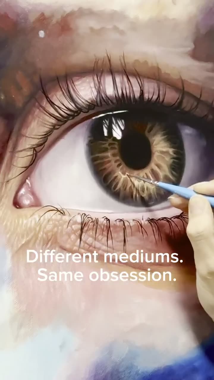 Video of a hyper-realistic eye being painted, showing the same realism approach outside of skin